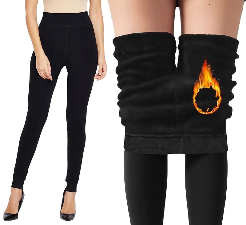 Klassik Women | Since 1993 | Comfort Fleece Footed Fur Leggings (Without Socks) | Winter Wear Extra Warm, Woolen High Riseed Lined Thigh Highs (Black-Skin Color)| Slim Fit Pyjamas, Black-,Large - Image 1