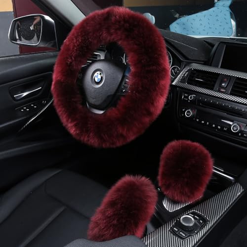 AOGELAN 3Pcs Set Fashion Fluffy Fuzzy Wool Fur Soft Car Steering Wheel Cover with Handbrake Cover Gear Shift Cover for WomenGirlsLadies Auto Long Wool Accessories Dark Red - Image 1