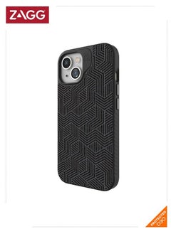 ZAGG London Snap iPhone 15 Protective Cell Phone Durable Graphene Case, MagSafe Compatible Case with Stylish Fabric Exterior Slim and Lightweight - Black Geo  - Image 1