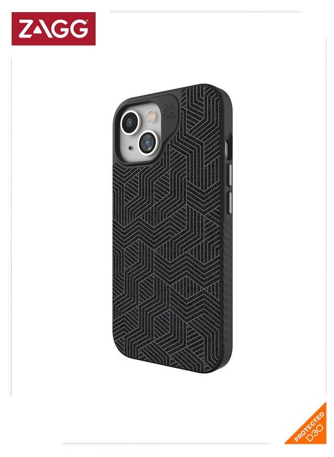 ZAGG - London Snap iPhone 15 Protective Cell Phone Durable Graphene Case, MagSafe Compatible Case with Stylish Fabric Exterior Slim and Lightweight - Black Geo - Image 1
