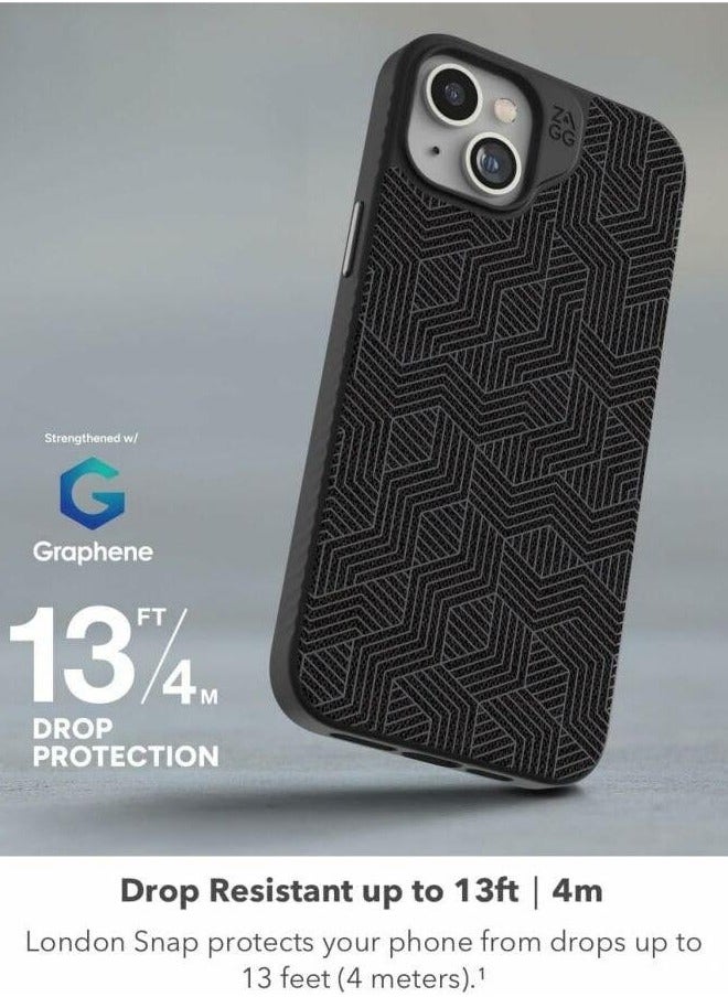 ZAGG - London Snap iPhone 15 Protective Cell Phone Durable Graphene Case, MagSafe Compatible Case with Stylish Fabric Exterior Slim and Lightweight - Black Geo - Image 1