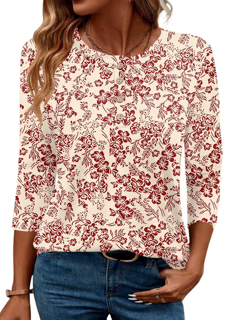 LOMON 3/4 Length Sleeve Tops for Women Crew Neck Basic Tunic Tees Dressy Casual Blouse Fashion 2026(Yellow Red Floral,M) - Image 1