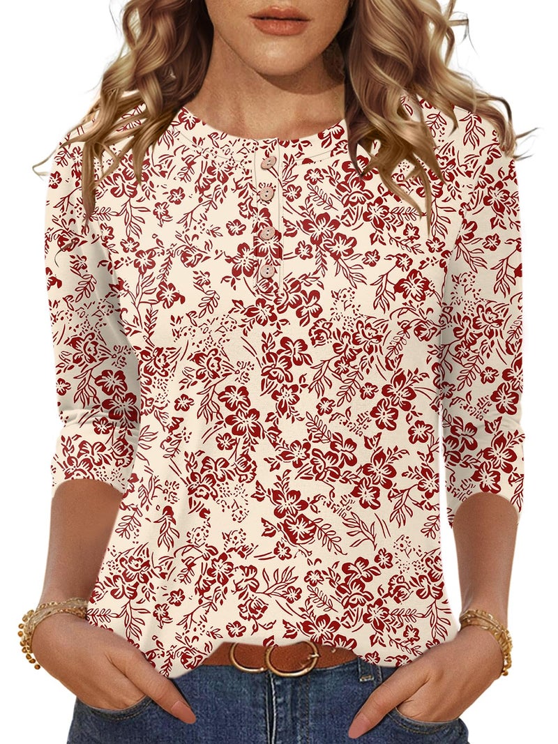 LOMON 3/4 Length Sleeve Tops for Women Crew Neck Basic Tunic Tees Dressy Casual Blouse Fashion 2026(Yellow Red Floral,M) - Image 2