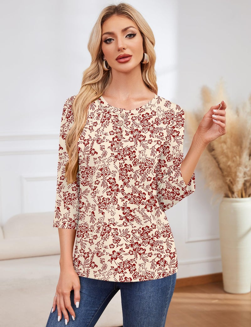 LOMON 3/4 Length Sleeve Tops for Women Crew Neck Basic Tunic Tees Dressy Casual Blouse Fashion 2026(Yellow Red Floral,M) - Image 3