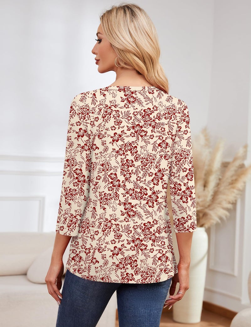 LOMON 3/4 Length Sleeve Tops for Women Crew Neck Basic Tunic Tees Dressy Casual Blouse Fashion 2026(Yellow Red Floral,M) - Image 5