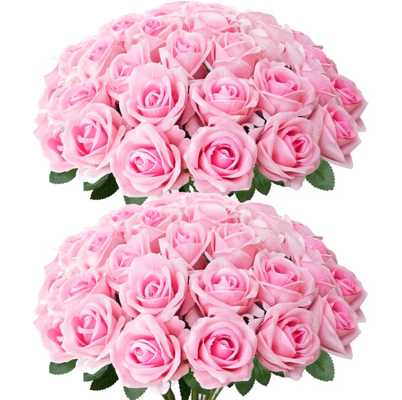 Cherica 52Pcs Pink Roses Artificial Flowers with Stemsï¼ŒFake Roses Bouquet Fake Flowers Bulkï¼ŒSilk Velvet Roses for Wedding Centerpieces Arrangement Baby Shower Birthday Home Decor Gifts - Image 1