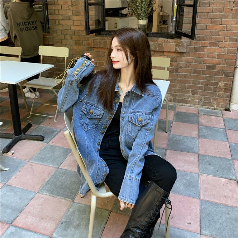 Metal Breasted Denim Shirt Womens 2022 Spring and Autumn Hong Kong Style Fashion Retro Collar Casual All-match Coat Top light blue [high quality]]