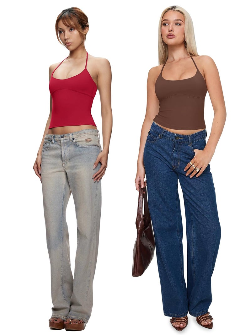 REORIA Women's Summer Sexy Halter Backless Double Lined Tank Top Going Out Y2k Trendy Sleeveless Camisole Crop Tops for Women 2026 Fashion Coffee Small - Image 4