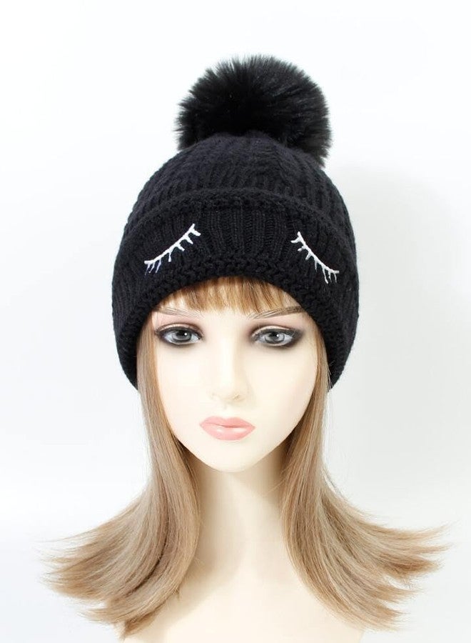 Richmen Women's Knitted Hat Winter Plush Velvet Warm Woolen Cap Soft Snow Proof Stylish Slouchy Beanie Pom Pom Cap for Outdoor Girls & Ladies (C Black) - Image 3
