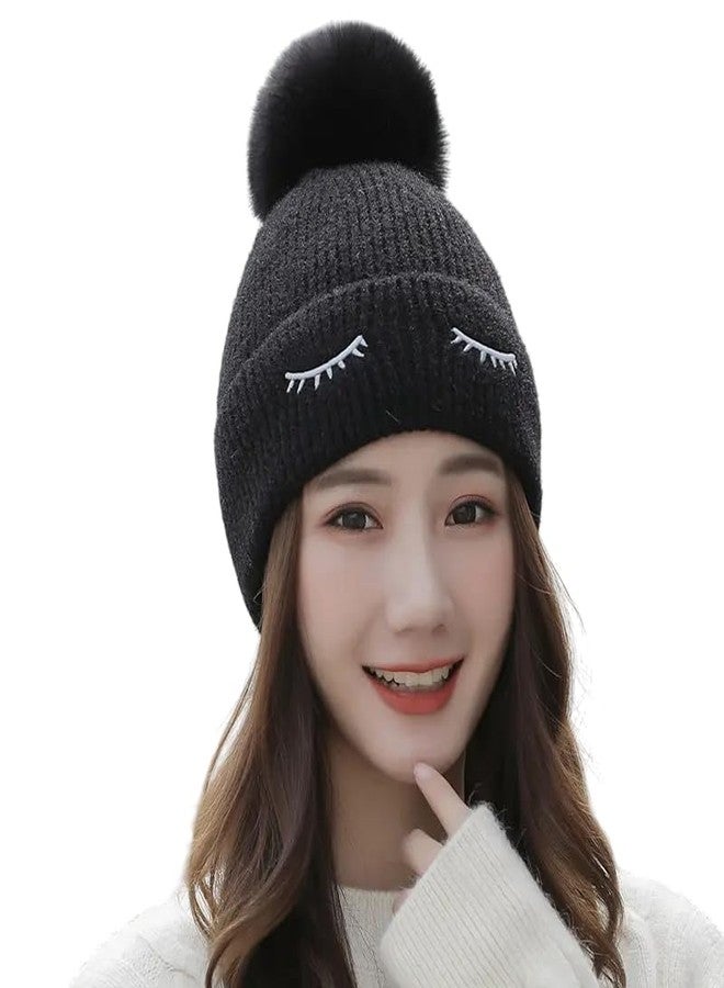 Richmen Women's Knitted Hat Winter Plush Velvet Warm Woolen Cap Soft Snow Proof Stylish Slouchy Beanie Pom Pom Cap for Outdoor Girls & Ladies (C Black) - Image 1