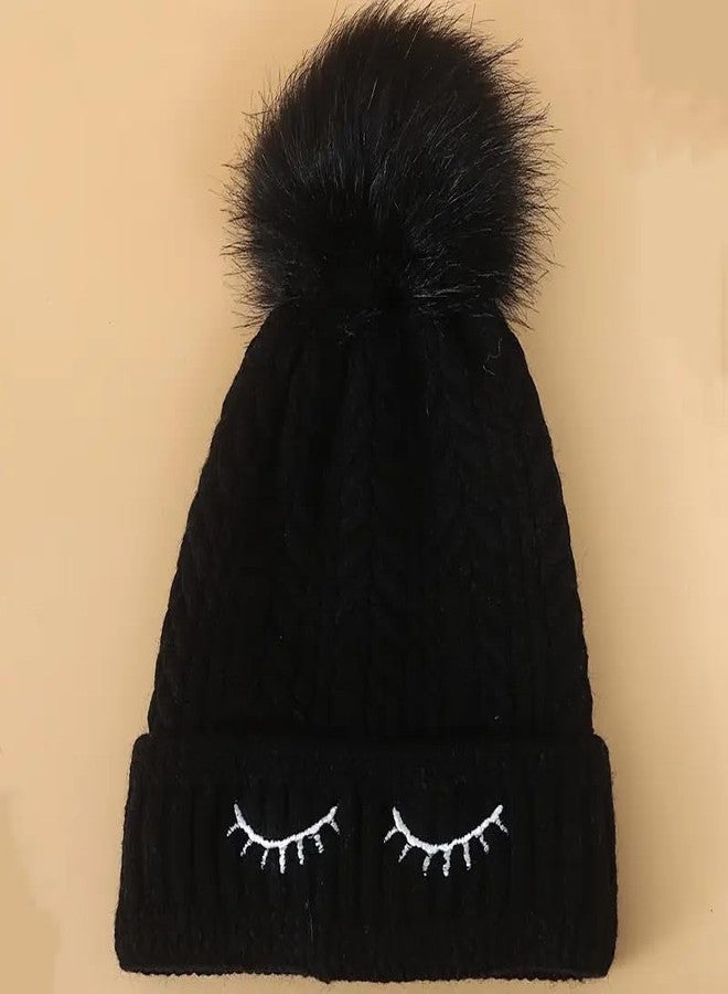 Richmen Women's Knitted Hat Winter Plush Velvet Warm Woolen Cap Soft Snow Proof Stylish Slouchy Beanie Pom Pom Cap for Outdoor Girls & Ladies (C Black) - Image 2