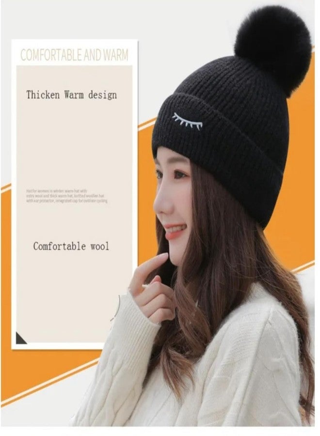 Richmen Women's Knitted Hat Winter Plush Velvet Warm Woolen Cap Soft Snow Proof Stylish Slouchy Beanie Pom Pom Cap for Outdoor Girls & Ladies (C Black) - Image 5