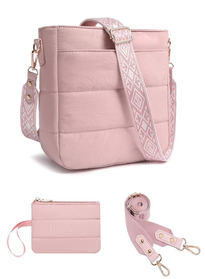BAVERGE Purses for Women 2PCS Puffer Quilted Crossbody Shoulder Hobo Bags Trendy Ladies Handbag with Coin Wallet 2 Adjustable Straps, Pink - Image 1