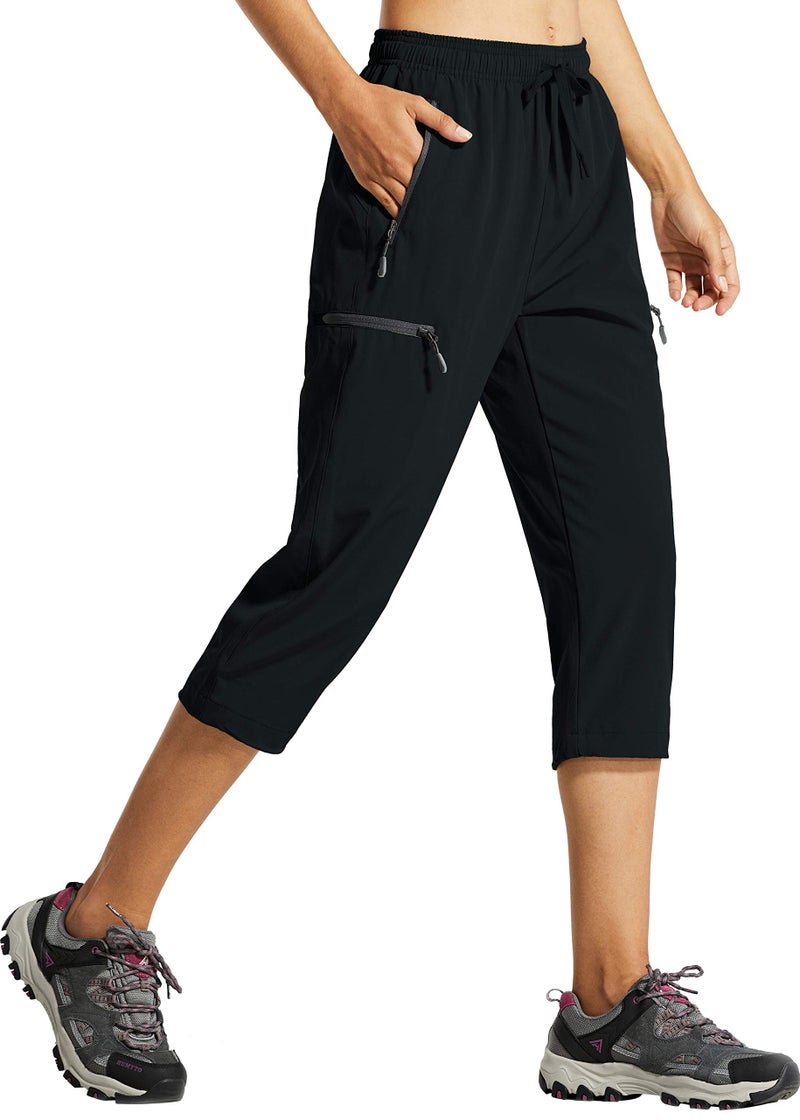 Libin Women's Capri Pants Lightweight Quick Dry Cargo Hiking Capris Travel Casual Cropped Pants Zipper Pockets, Black M - Image 1
