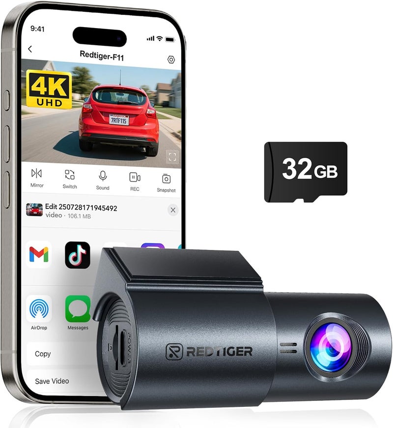 REDTIGER F11 4K Mini Car Dash Cam with WiFi, Night View, WDR, Loop Recording, 24H Parking Mode, 32GB Card Included