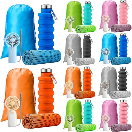 Wovnet 10 Set Theme Park Necessities Cruise Ship Accessory Kit Collapsible Water Bottle Cooling Towel Fan Drawstring Bag for Summer Amusement Park Outdoor Team Travel Cruise Gifts Fitness Sport Favor - Image 1