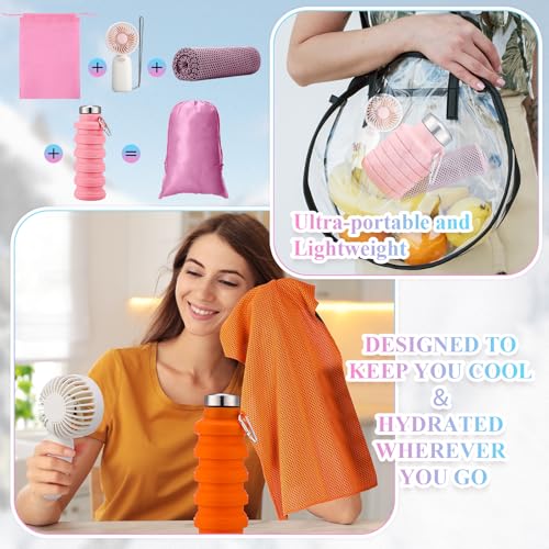 Wovnet 10 Set Theme Park Necessities Cruise Ship Accessory Kit Collapsible Water Bottle Cooling Towel Fan Drawstring Bag for Summer Amusement Park Outdoor Team Travel Cruise Gifts Fitness Sport Favor - Image 5