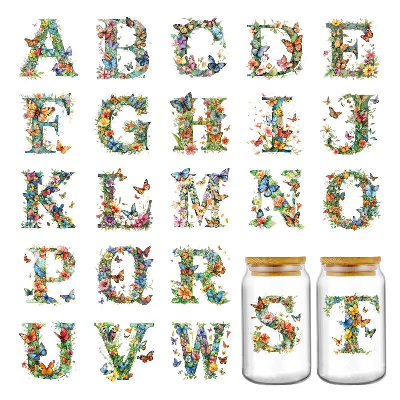 AFRITEE English Letters Uv Dtf Decals - 26 Sheets Personalized Initial Uvdtf Mug Wraps For 16 Oz Glass Water Bottle  Floral Butterfly Alphabet Transfer Stickers Diy Mugs Monogrammed Name Decor Gift For Girl - Image 1