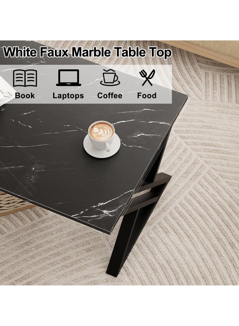 XiuWoo Coffee Table Living Room Table Black Center Table, Simple Modern Faux Marble Rectangular Tea Table with Sturdy Black-Finish Metal Frame, for Bedroom Home Office 120*60*46cm - Image 5