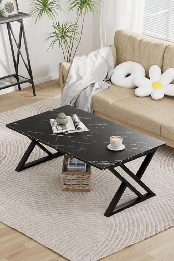 XiuWoo Coffee Table Living Room Table Black Center Table, Simple Modern Faux Marble Rectangular Tea Table with Sturdy Black-Finish Metal Frame, for Bedroom Home Office 120*60*46cm - Image 1