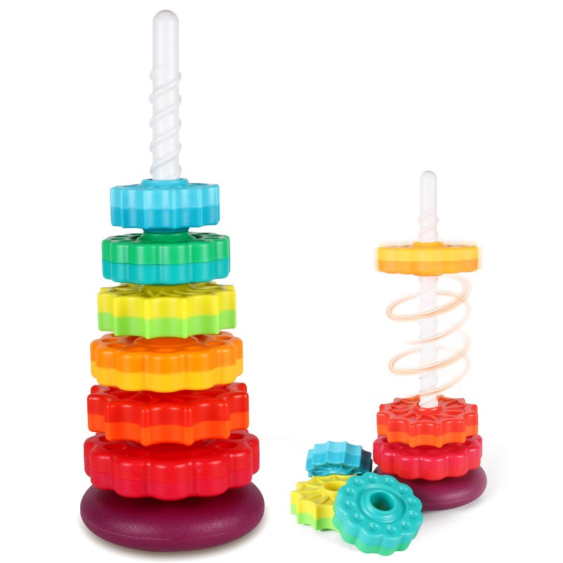 JUXUE Spinning Toy, Rainbow Stacking Toys for Toddlers 1-3, Ring Stacker Baby Toys 6 to 12 Months, 1 One Year Old Girl Boy Christmas Birthday Gifts, Montessori Autism Sensory Toy - Image 1