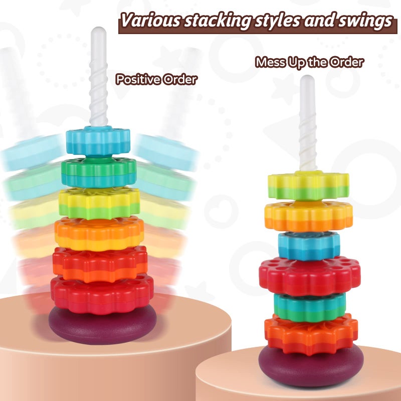 JUXUE Spinning Toy, Rainbow Stacking Toys for Toddlers 1-3, Ring Stacker Baby Toys 6 to 12 Months, 1 One Year Old Girl Boy Christmas Birthday Gifts, Montessori Autism Sensory Toy - Image 3