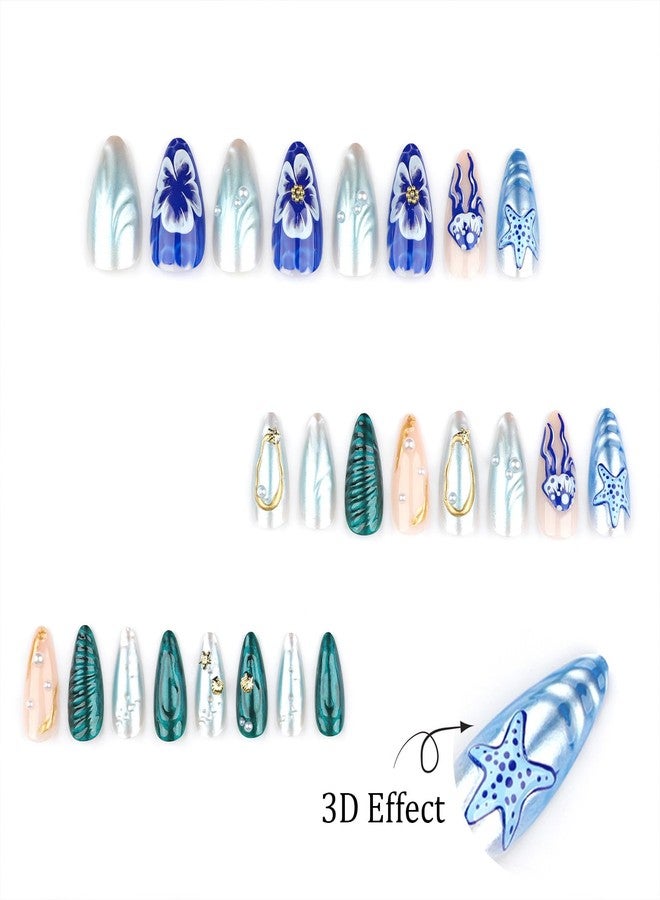 TOGZOM Summer Beach Press on Nails Medium Almond Fake Nails 3D Ocean Waves Acrylic Nails Blue Jellyfish Starfish Artificial Nails Gold Star False Nails with Pearl Designs Glue on Nails for Women Girls 24Pcs - Image 3