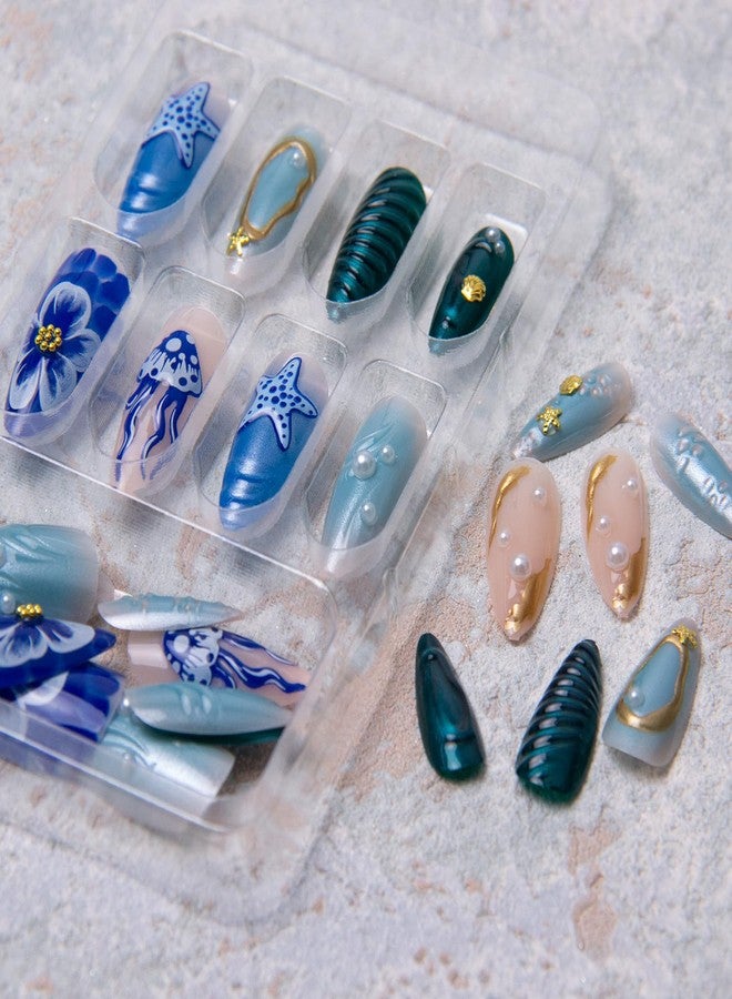 TOGZOM Summer Beach Press on Nails Medium Almond Fake Nails 3D Ocean Waves Acrylic Nails Blue Jellyfish Starfish Artificial Nails Gold Star False Nails with Pearl Designs Glue on Nails for Women Girls 24Pcs - Image 5