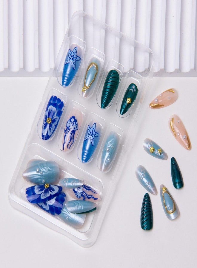 TOGZOM Summer Beach Press on Nails Medium Almond Fake Nails 3D Ocean Waves Acrylic Nails Blue Jellyfish Starfish Artificial Nails Gold Star False Nails with Pearl Designs Glue on Nails for Women Girls 24Pcs - Image 4
