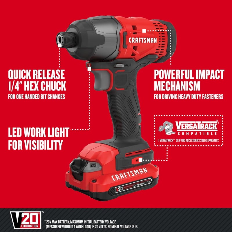 CRAFTSMAN مجموعة سائق التأثير 20 فولت ماكس، 1/4 بوصة، 2,800 دورة في الدقيقة، ضوء عمل LED، بطارية وشاحن متضمن (CMCF800C1) - Image 2