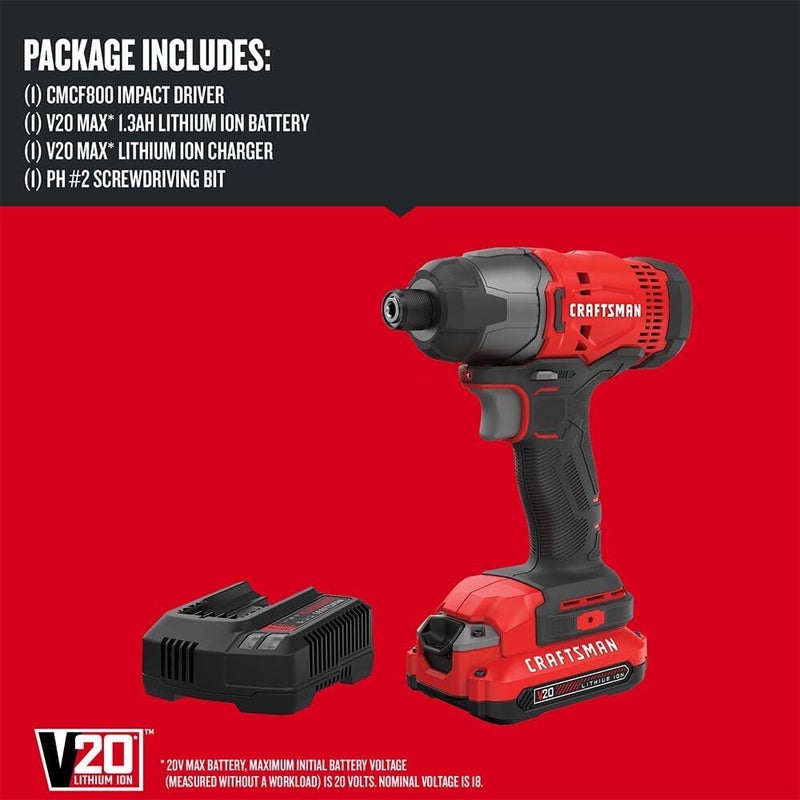 CRAFTSMAN مجموعة سائق التأثير 20 فولت ماكس، 1/4 بوصة، 2,800 دورة في الدقيقة، ضوء عمل LED، بطارية وشاحن متضمن (CMCF800C1) - Image 3
