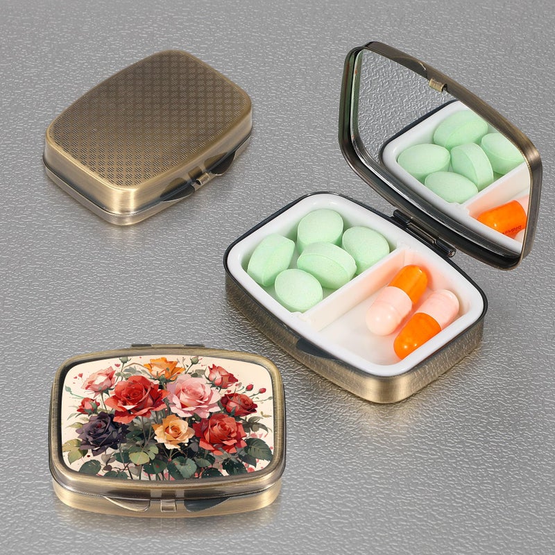 Dynippy Pill Case Pill Box with Mirror Retro Pocket 2 Compartment Medicine Case Vitamin Pill Organizer for Pocket Purse and Travel (Cute Flower) - Image 2