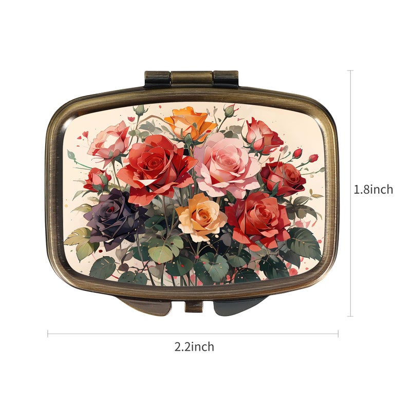 Dynippy Pill Case Pill Box with Mirror Retro Pocket 2 Compartment Medicine Case Vitamin Pill Organizer for Pocket Purse and Travel (Cute Flower) - Image 3