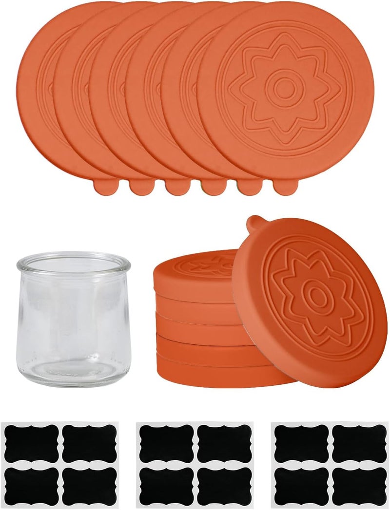 TERESRY 12 Pack Silicone Oui Yogurt Jar Lids with 8 Labels, Food-Grade Lids for 5Oz Oui Yogurt Jars, Reusable Silicone Canning Covers Perfect for Oui Yogurt Bottle, Orange(Jar not Includ) - Image 1