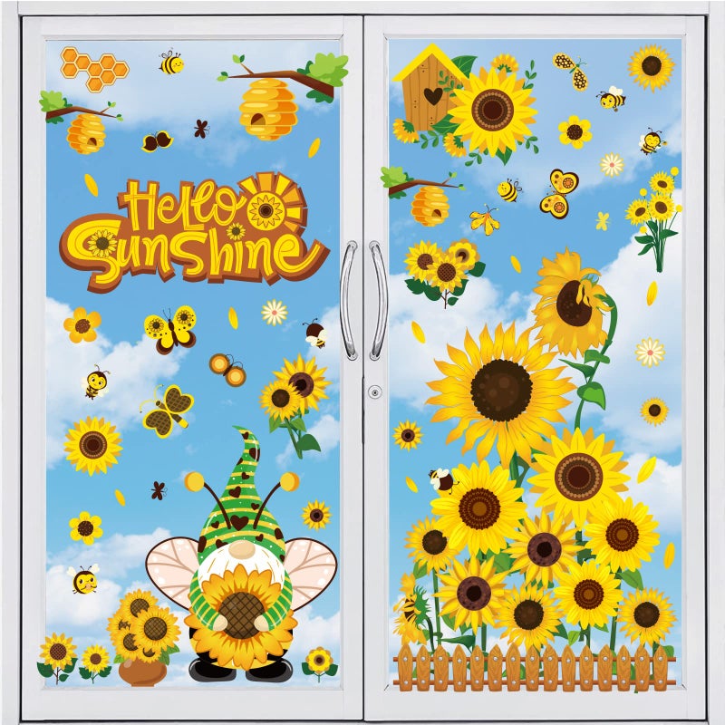 Whaline 9 Sheets Summer Sunflower Window Clings Stickers Hello Sunshine Flowers Bee Gnome Large DoubleSided Window Decals for Spring Fall Back to School Home Office Accessories Party Supplies