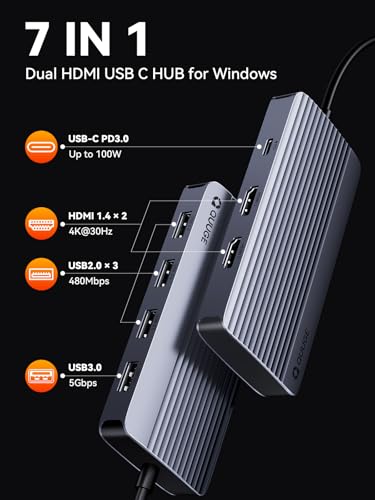 QUUGE Docking Station Dual Monitor 2 HDMI, 7 in 1 USB C Hub with Dual HDMI 4K, PD Charging, 5Gbps USB 3.0, 3 USB2.0, USB C Docking Station for Dell XPS/HP/Lenovo/Surface/Yoga etc - Image 2