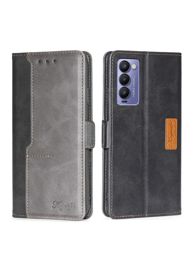 HuHa Case Cover For For Tecno Camon 18 / 18P Contrast Color Side Buckle Leather Phone Case(Black + Grey) 