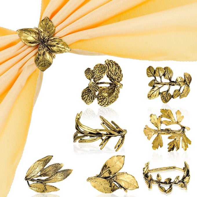 8 PIECES HERB NAPKIN RINGS SET VINTAGE LEAF NAPKIN HOLDERS RINGS GLOSSY HOLDER ADORNMENT METAL TABLE FOR GRADUATION HOLIDAYS WEDDING GRADUATION PARTY DECOR EVERYDAY USEGOLD
