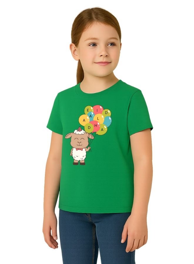 برينت شوب فور مي تي شيرت قطني للبنات بطابع عيد الأضحى - رقبة دائرية، أكمام قصيرة، ملابس مريحة للأطفال للاحتفالات الاحتفالية - Image 2