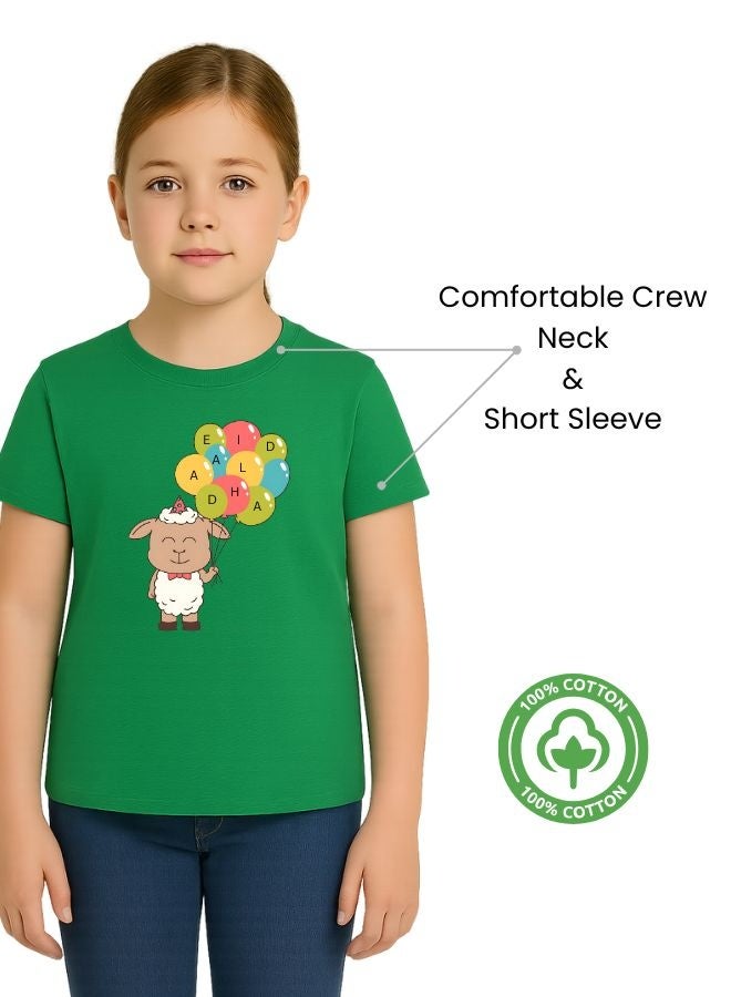 برينت شوب فور مي تي شيرت قطني للبنات بطابع عيد الأضحى - رقبة دائرية، أكمام قصيرة، ملابس مريحة للأطفال للاحتفالات الاحتفالية - Image 3