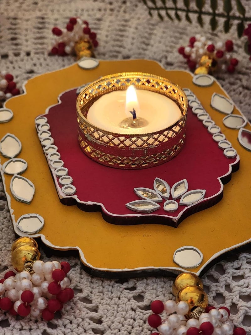 Netra Arts Wooden Designer Tea Light Holder Set of 2 with Candles Candle for Diwali Festive Decor Candles - Image 3