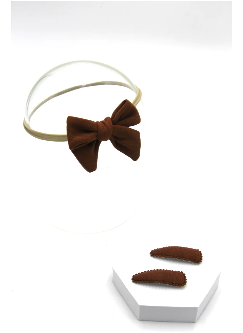 D'Daniela Sara Ribbon Bow Clip Set with Ponytail For Babies and Girls - Dark Brown