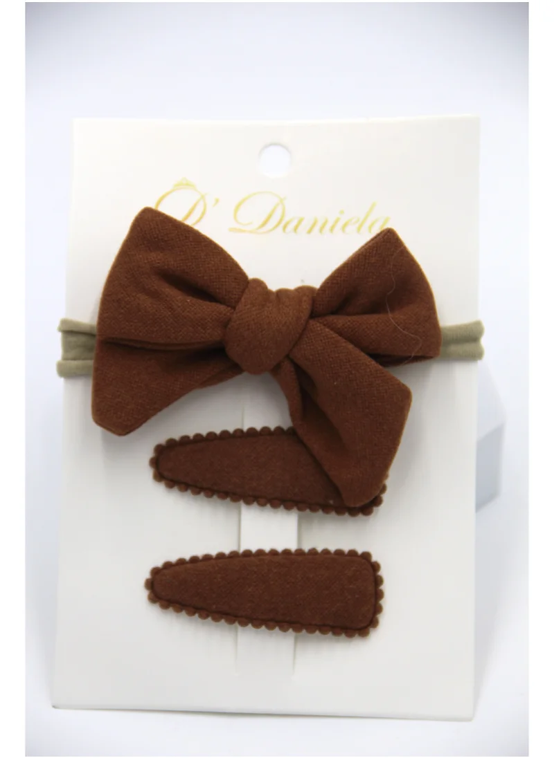 D'Daniela Sara Ribbon Bow Clip Set with Ponytail For Babies and Girls - Dark Brown