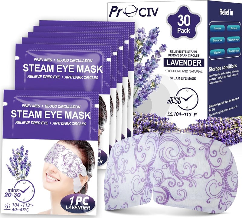 30 Packs Lavender Steam Eye Mask  Heated Eye Mask for Dark Circles and Puffiness Warm Eye Mask for Dry Eye Mask Relief Eye Fatigue Headache Hot Sleep Eye Mask for Disposable Moist Heat Eye Compress
