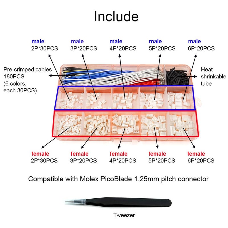 elechawk 1.25mm Male and Female Connectors Socket and Plug with Pre-Crimped Cables Compatible with JST Molex PicoBlade 1.25 for Pixhawk Silicone 13cm Wire (Male and Female) - Image 2