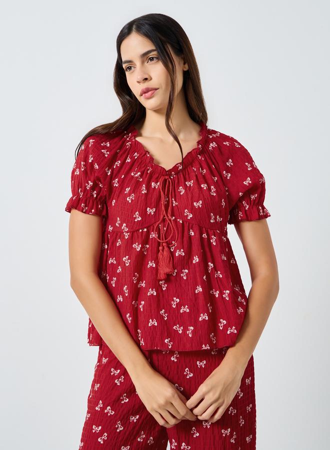 Styli Ribbon Print Tassel Tie Top and Cuffed Pyjama Set - Image 2