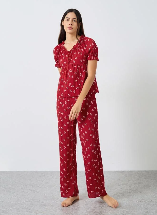 Styli Styli Ribbon Print Tassel Tie Top and Cuffed Pyjama Set