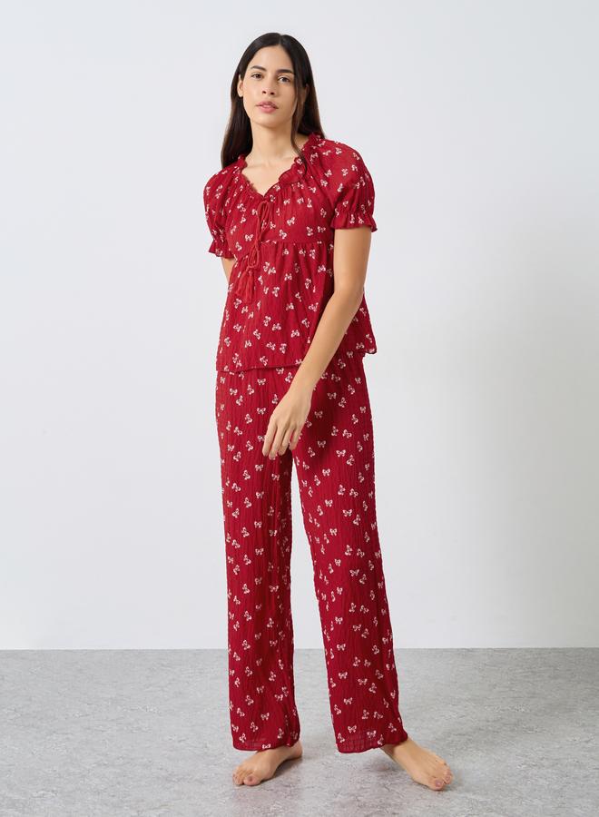 Styli Ribbon Print Tassel Tie Top and Cuffed Pyjama Set - Image 1