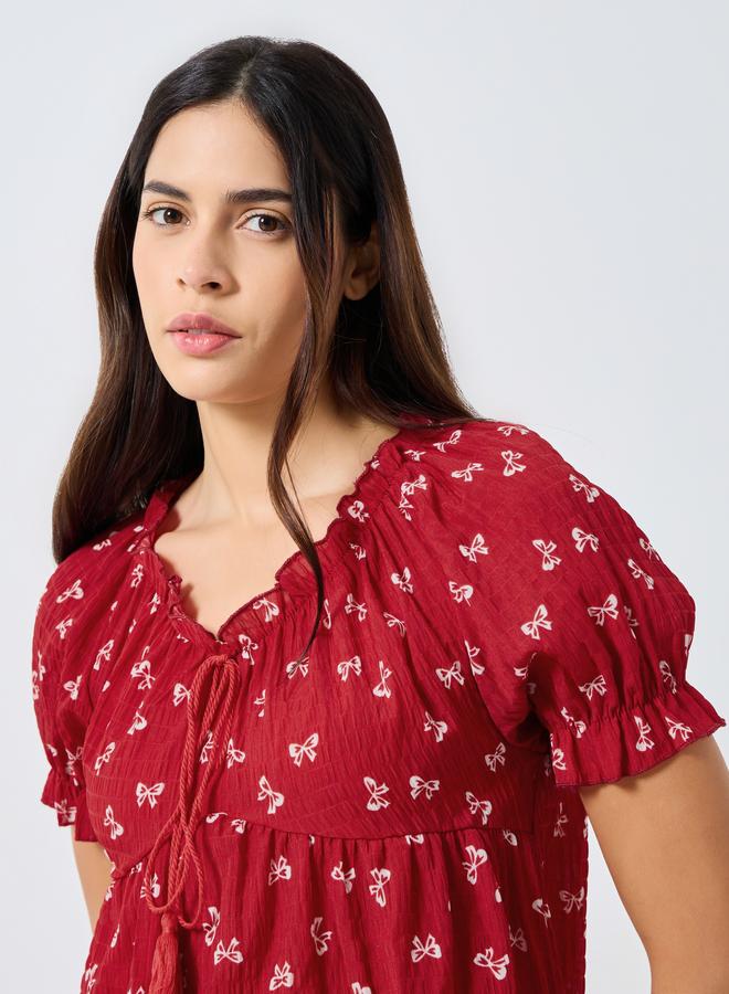 Styli Ribbon Print Tassel Tie Top and Cuffed Pyjama Set - Image 3