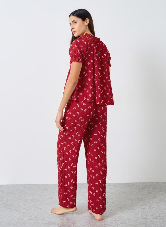 Styli Ribbon Print Tassel Tie Top and Cuffed Pyjama Set - Image 5